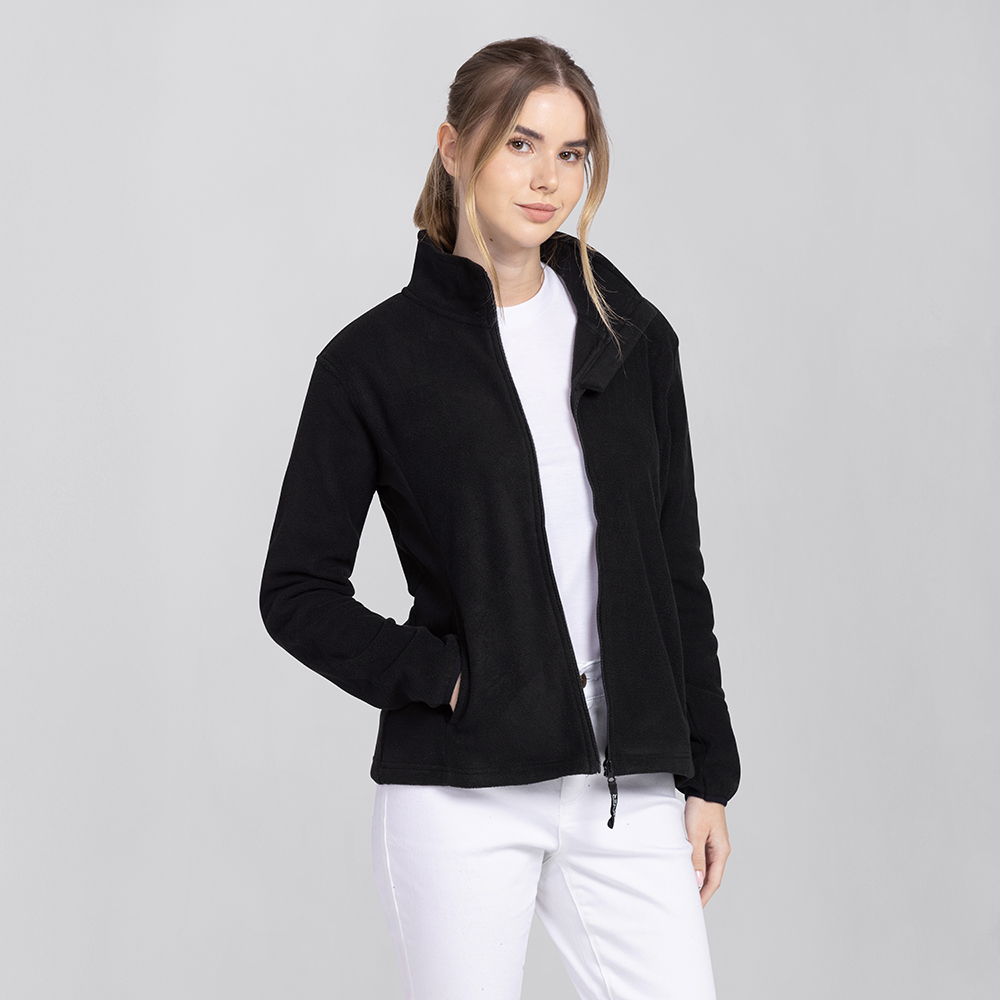 Damenfleecejacke-Komplettansicht,mit Offeneransicht mit Reissverschluss und 2 Seitentaschen.
