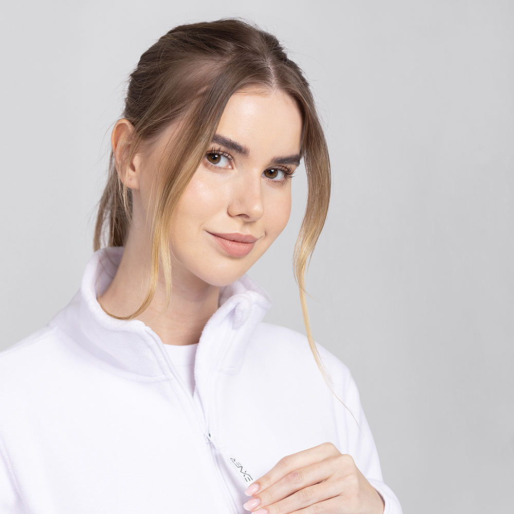 Damenfleecejacke-nahansicht,Reissverschluss mit Exner-logo.