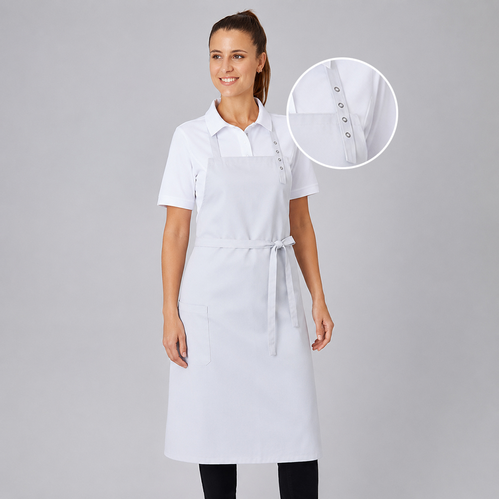 Klassische Latzschürze mit Stoffbändern. Nackenband mit 4 Druckknöpfen verstellbar.