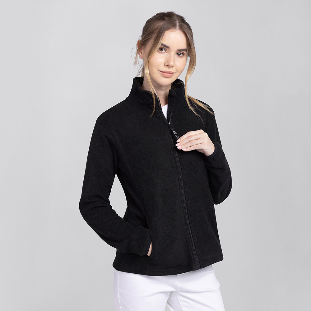 Damenfleecejacke-komplettansicht,mit durchgehenden Reissverschluss mit Exner-logo,und 2 Seitentasche