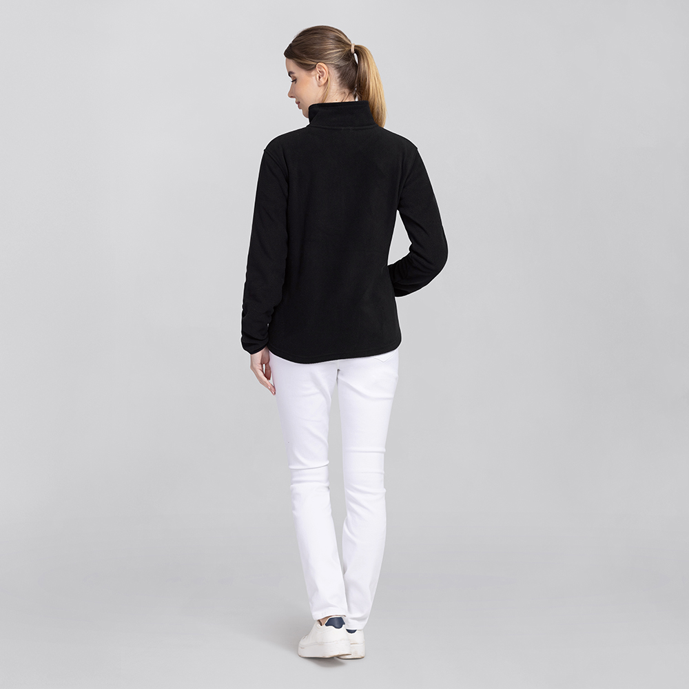 Damenfleecejacke-Rückansicht,mit Hohem-Kragen und tailliert geschnitten.
