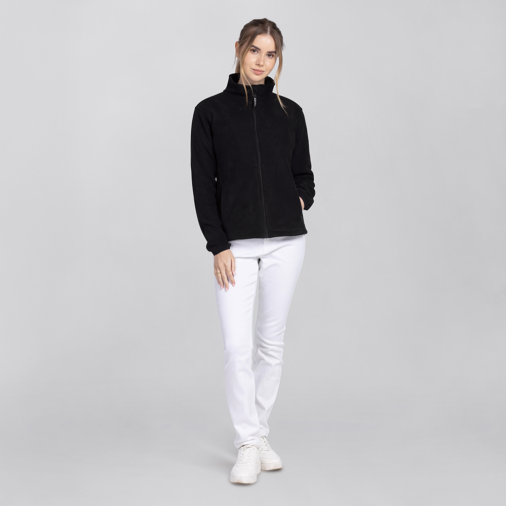 Damenfleecjacke,Komplettansicht,mit durchgehenden Reissverschluss,und 2 Seitentaschen.