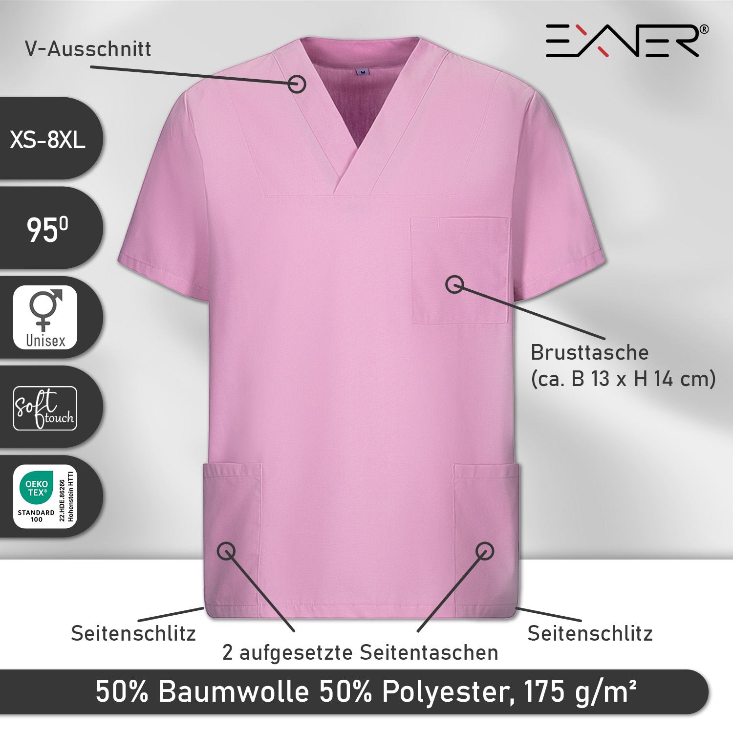 Details: 50% Baumwolle 50% Polyester, Seitenschlitze, 95 Grad waschbar, Oeko Tex, Soft Touch, Unisex